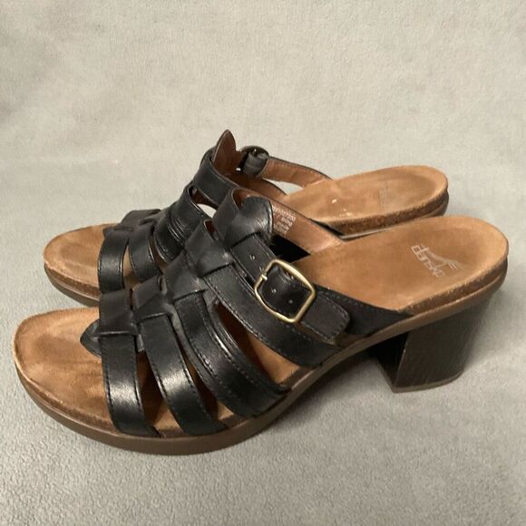 DANSKO Slide Sandals Women 10,5(41 )Dina Black Leather High Heel Stappy Open Toe - Picture 1 of 9